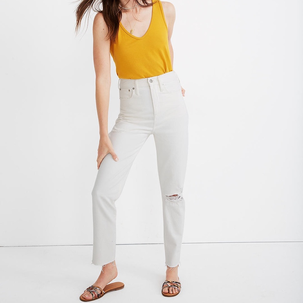 Madewell The Mom Jean: Ripped Edition in Tile White. 28.